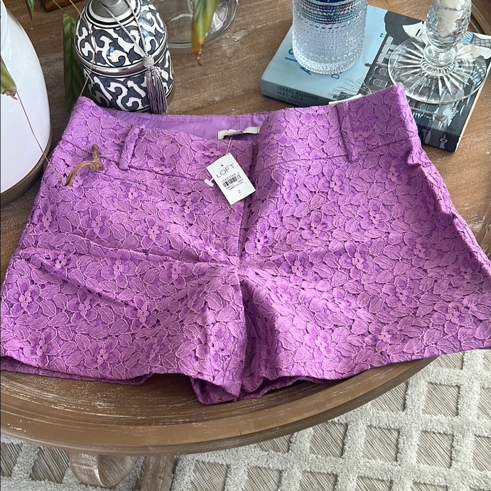 LOFT Lace Overlay High-Waist Shorts — Lavender